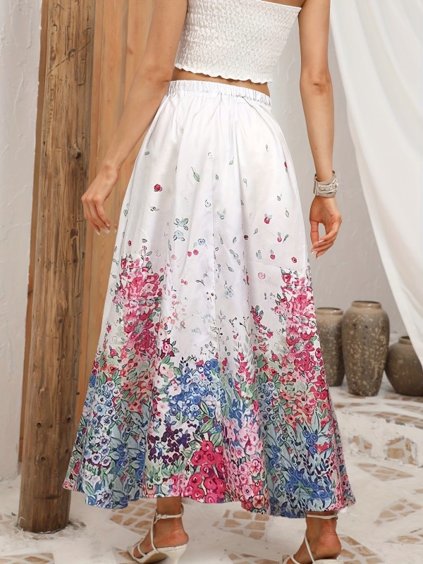 Floral Print Ruffle Hem Skirt, Elegant Elastic Waist Maxi Skirt For Spring & Summer, Women's Clothing