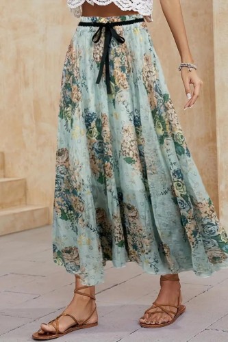 Floral Print Pleated Skirts, Vacation High Waist Maxi Skirts, Women's Clothing