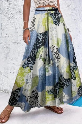 Floral Print High Waist Skirts, Boho Beach Summer Pleated Maxi Skirts, Women's Clothing