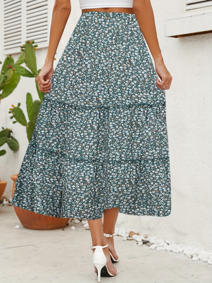 Boho Ditsy Floral Print Tiered Skirts, Vacation Pleated High Waist Layered Maxi Skirts, Women's Clothing