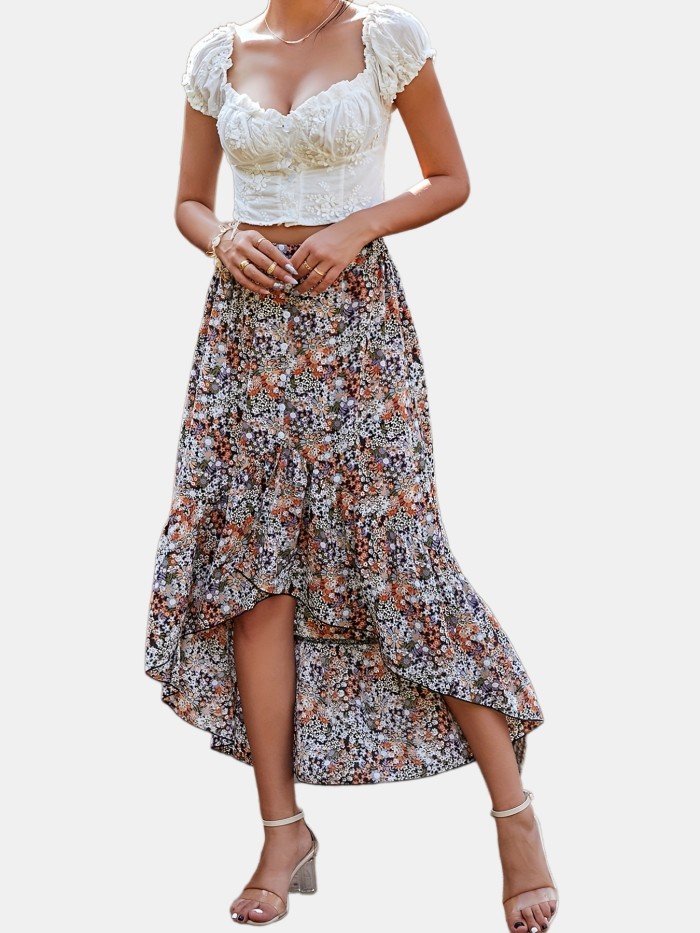 Boho Floral Print Ruffle Hem Skirt, Low High Skirt For Spring & Summer, Women's Clothing