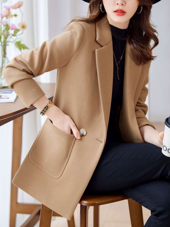 Lapel Solid Blazer, Elegant Long Sleeve Work Office Outerwear, Women's Clothing