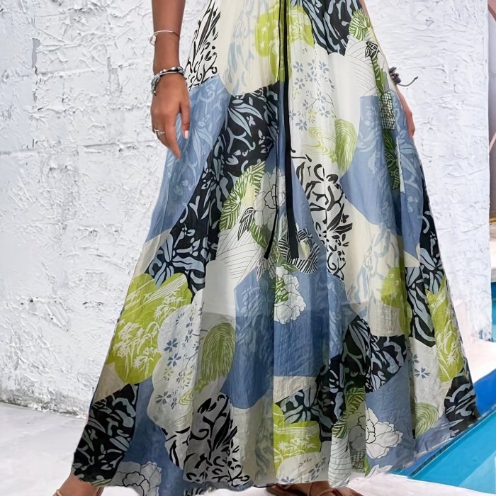 Floral Print High Waist Skirts, Boho Beach Summer Pleated Maxi Skirts, Women's Clothing