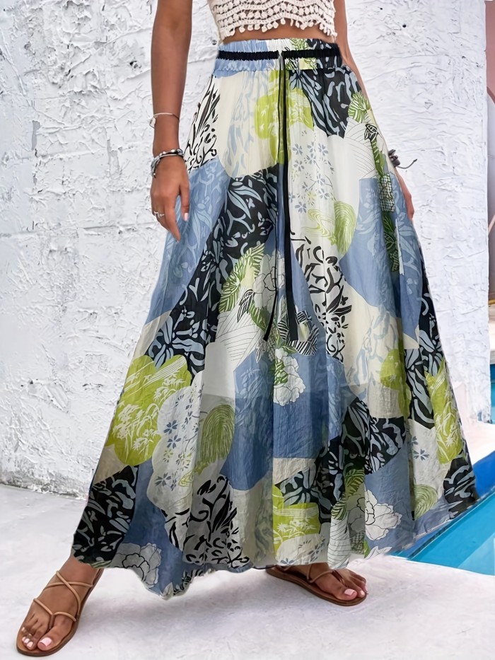 Floral Print High Waist Skirts, Boho Beach Summer Pleated Maxi Skirts, Women's Clothing
