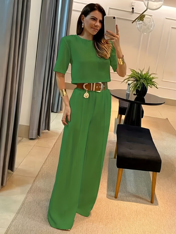 Casual Solid Two-piece Set Without Belt, Short Sleeve Crop Top & Wide Leg Pants Outfits, Women's Clothing