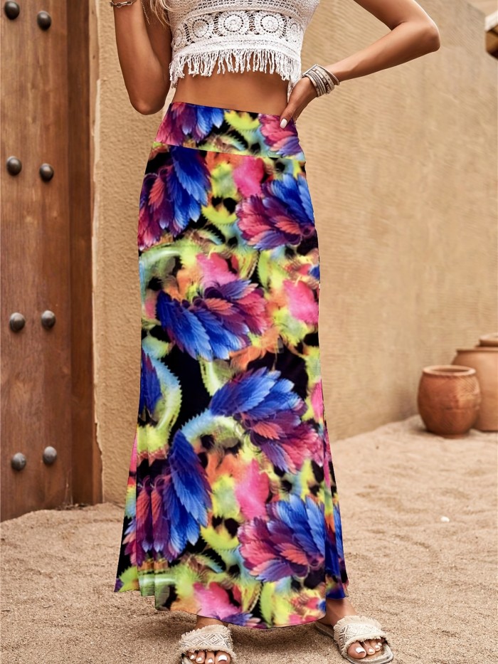 Tribal Print High Waist Skirts, Boho Slim Summer Maxi Skirts, Women's Clothing