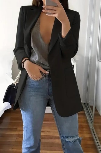 Plus Size Casual Blazer, Women's Plus Solid Long Sleeve Lapel Collar Suit Coat With Pockets