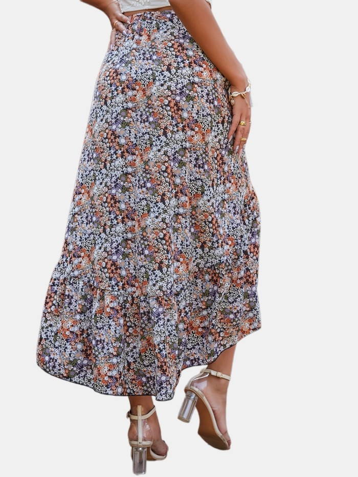 Boho Floral Print Ruffle Hem Skirt, Low High Skirt For Spring & Summer ...