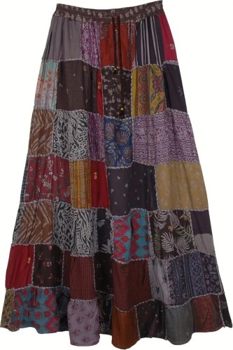 Patchwork Print Drawstring Skirt, Casual High Waist Skirt For Spring & Summer, Women's Clothing