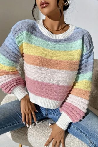 Colorful Stripe Knit Sweater, Casual Crew Neck Lantern Sleeve Sweater, Women's Clothing