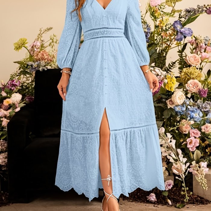 Solid Split Dress, Elegant V Neck Lantern Sleeve Maxi Dress, Women's Clothing