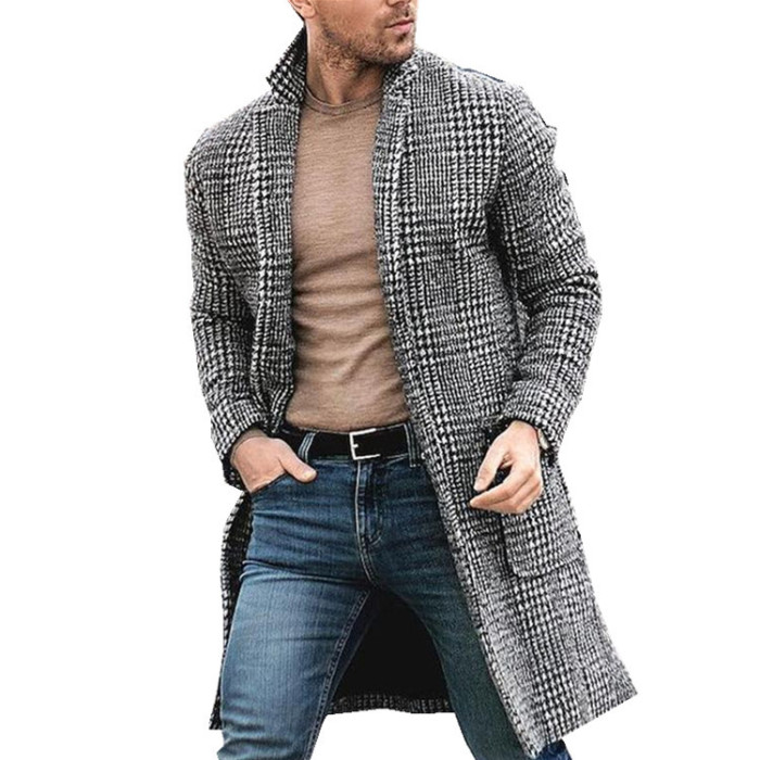 Fashion Men's Woolen Overcoat Solid Color Single Breasted Lapel Long Coat Jacket