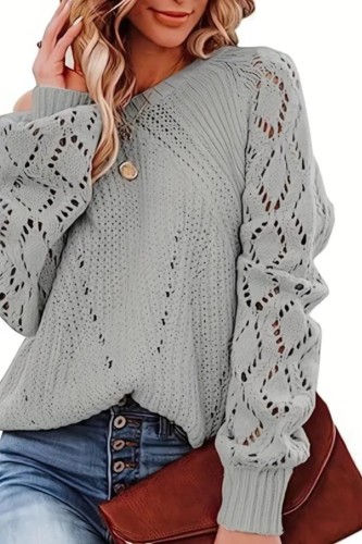Plus Size Casual Sweater, Women's Plus Solid Eyelet Embroidered Lantern Sleeve Round Neck Slight Stretch Sweater