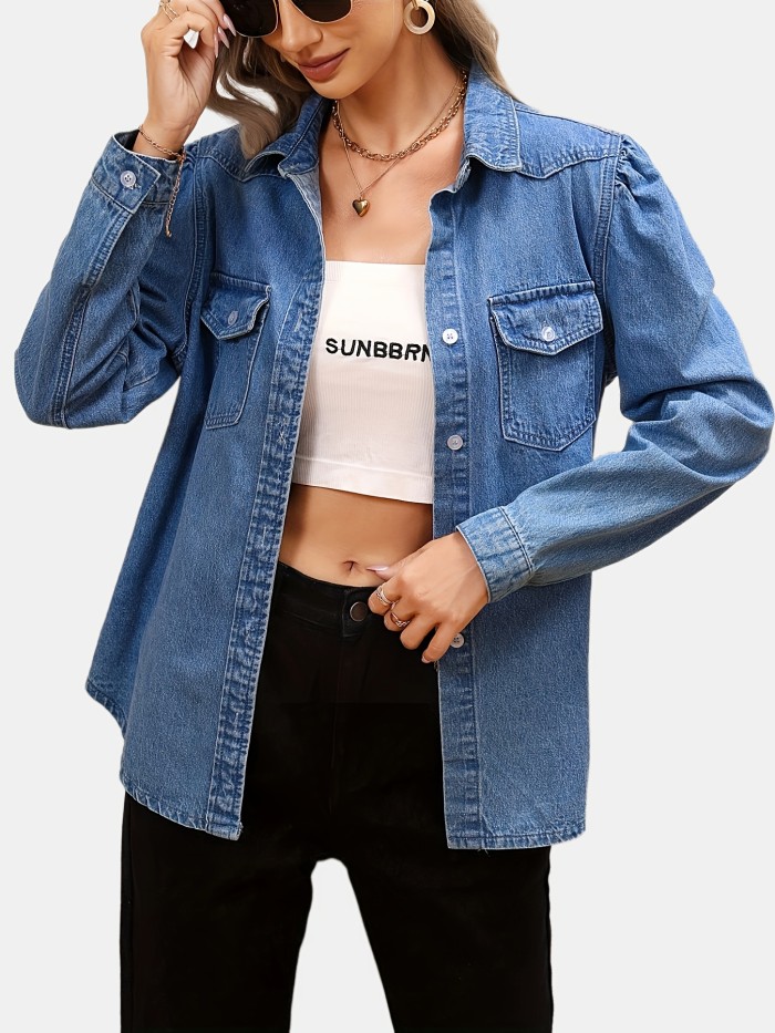 Blue Long Sleeves Denim Top, Flap Pockets Single-Breasted Button Lapel Versatile Denim Top, Women's Denim Clothing