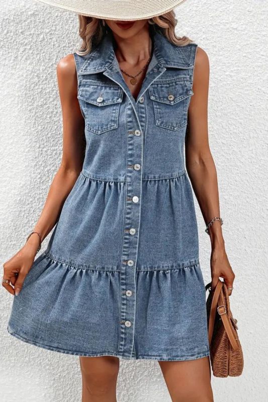 Blue Sleeveless Elegant Denim Dress, Flap Pockets Single-Breasted Button Lapel Denim Dress, Women's Denim Clothing