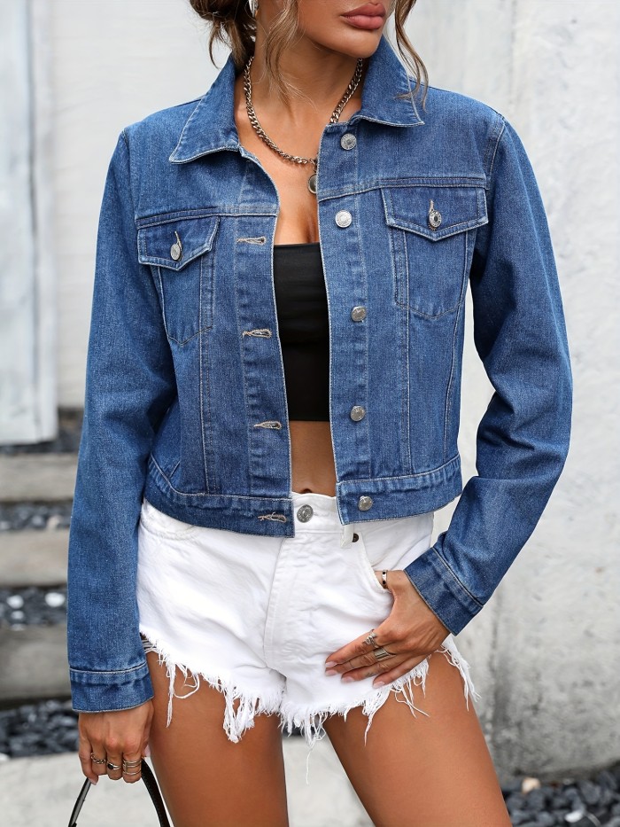 Solid Long Sleeves Denim Coats, Single-Breasted Button Flap Pockets Lapel Cropped Denim Jackets, Women's Denim Clothing