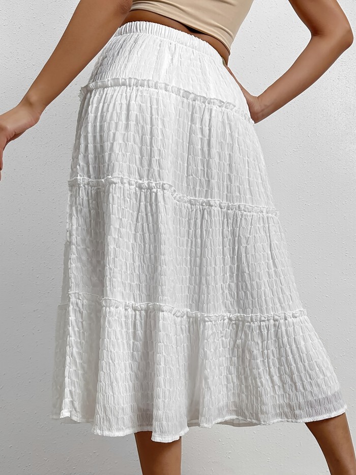 Solid High Waist Elastic Tiered Skirts, Elegant Ruffled Hem Layered Maxi Skirts For Spring & Summer , Women's Clothing