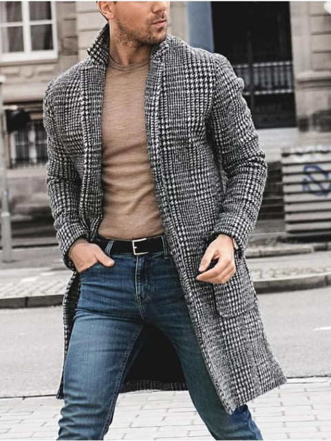 Fashion Men's Woolen Overcoat Solid Color Single Breasted Lapel Long Coat Jacket