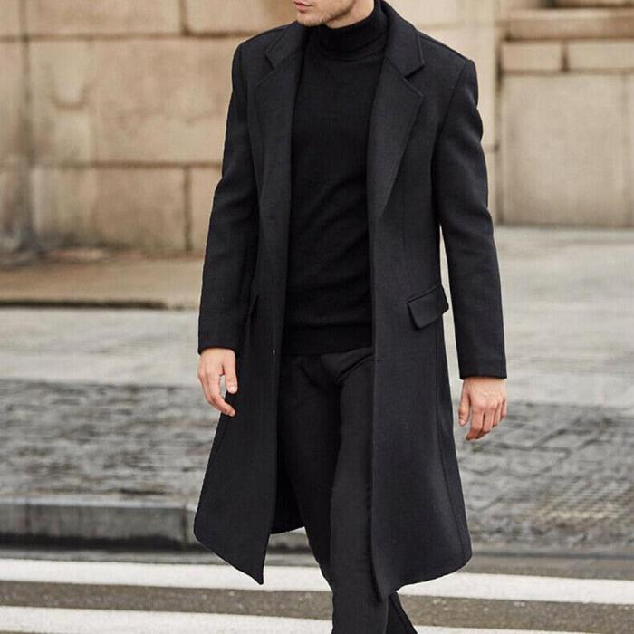 Men's Trench Coat Solid Color Long Sleeve Button Jacket  Thick Warm Wool Overcoat