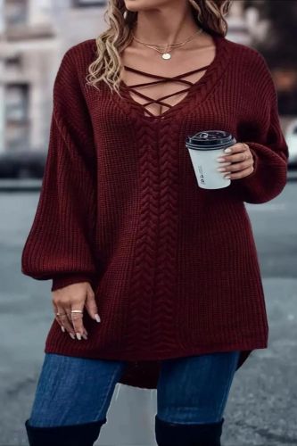 Plus Size Criss Cross V Neck Solid Sweater, Women's Plus Lantern Sleeve Casual Sweater
