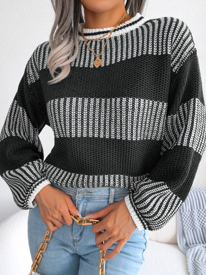 Women's Sweaters Lantern Sleeve Striped Crew Neck Color Block Pullovers