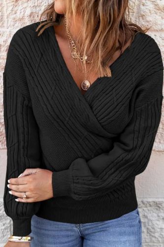 Casual V Neck Textured Sweater, Solid Lantern Long Sleeve Loose Fall Winter Knit Sweater, Women's Clothing