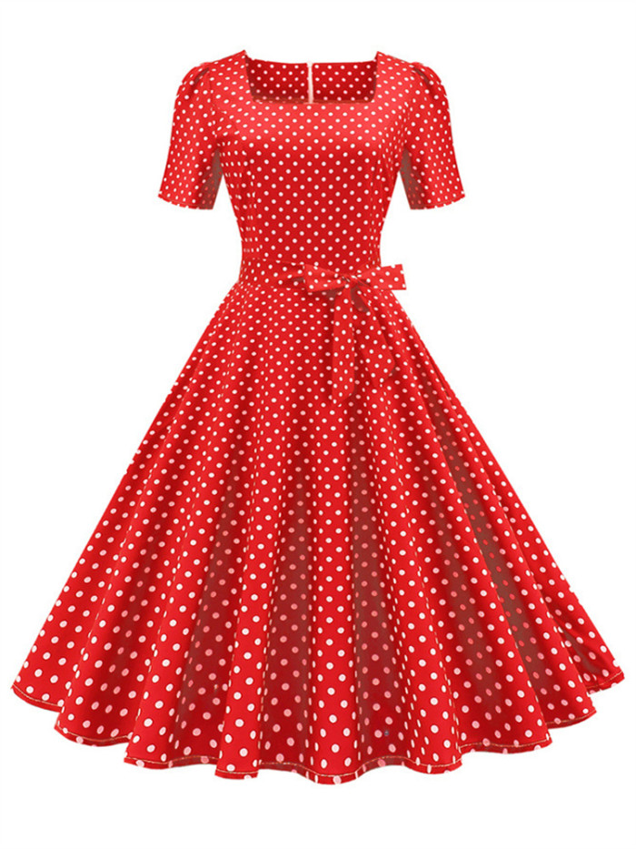 2023 New Vintage Polka Dot Dress Y2K Women Summer Elegant Short Sleeve Square Collar A-Line Midi Party Sundress 50s 60s Vestidos