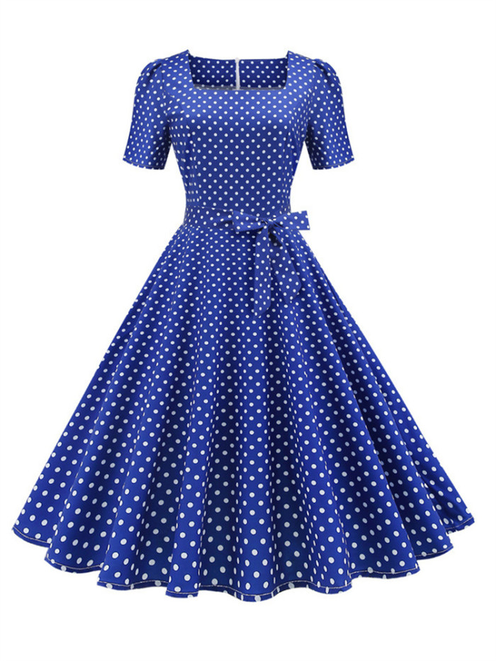 2023 New Vintage Polka Dot Dress Y2K Women Summer Elegant Short Sleeve Square Collar A-Line Midi Party Sundress 50s 60s Vestidos