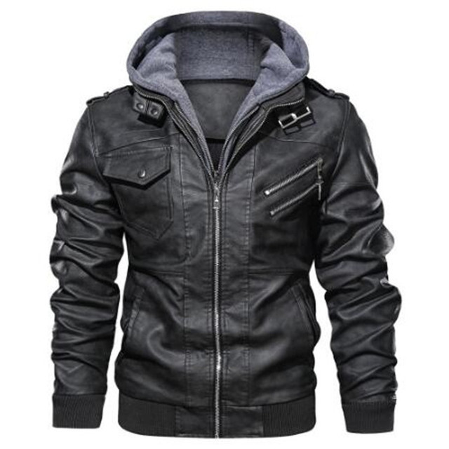 Men Casual Cowhide PU Leather Hooded Autumn Winter Coats Male Warm Vintage Overcoats