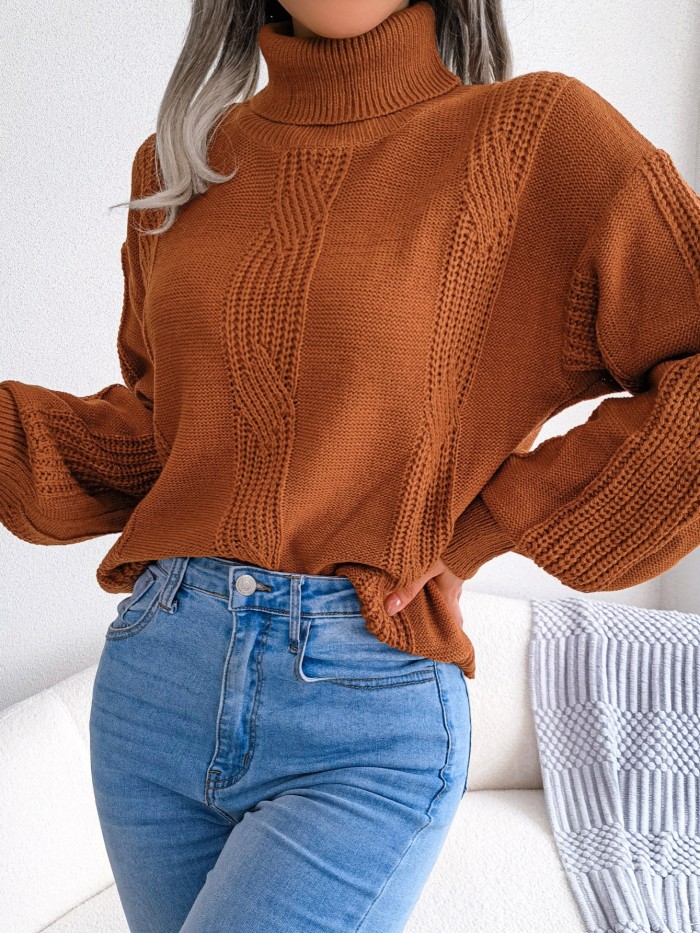 Solid Turtle Neck Sweater, Lantern Long Sleeve Sweater, Casual Tops For Fall & Winter, Women's Clothing