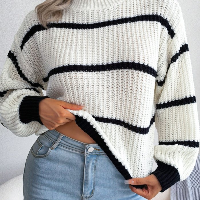 Striped Lantern Sleeve Sweater, Casual Turtle Neck Long Sleeve Sweater, Casual Tops For Fall & Winter, Women's Clothing