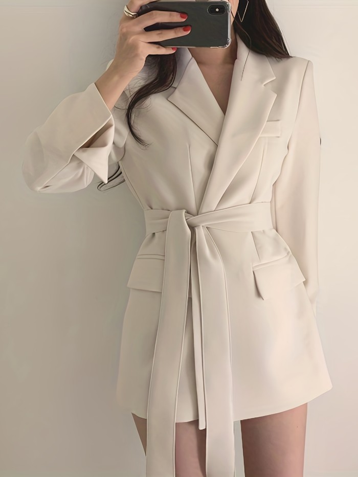 Solid Lapel Blazer, Elegant Long Sleeve Work Office Outerwear, Women's Clothing