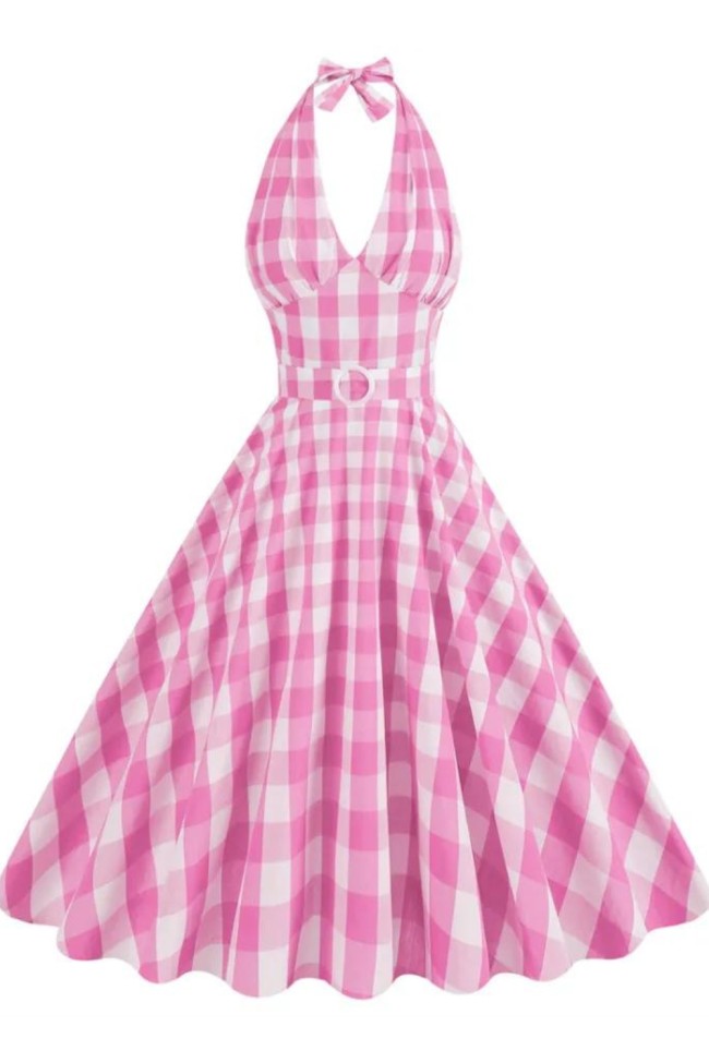 Retro Sexy deep V-neck cPink Plaid Mid  High Waist Large Swing Dress