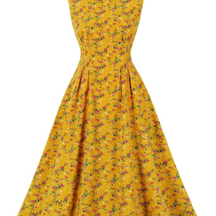 Floral Print Round Neck Sleeveless Ruffled Dress, Vintage High Waist Stylish Pleated Dress, Women's Clothing