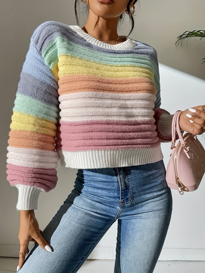 Colorful Stripe Knit Sweater, Casual Crew Neck Lantern Sleeve Sweater, Women's Clothing