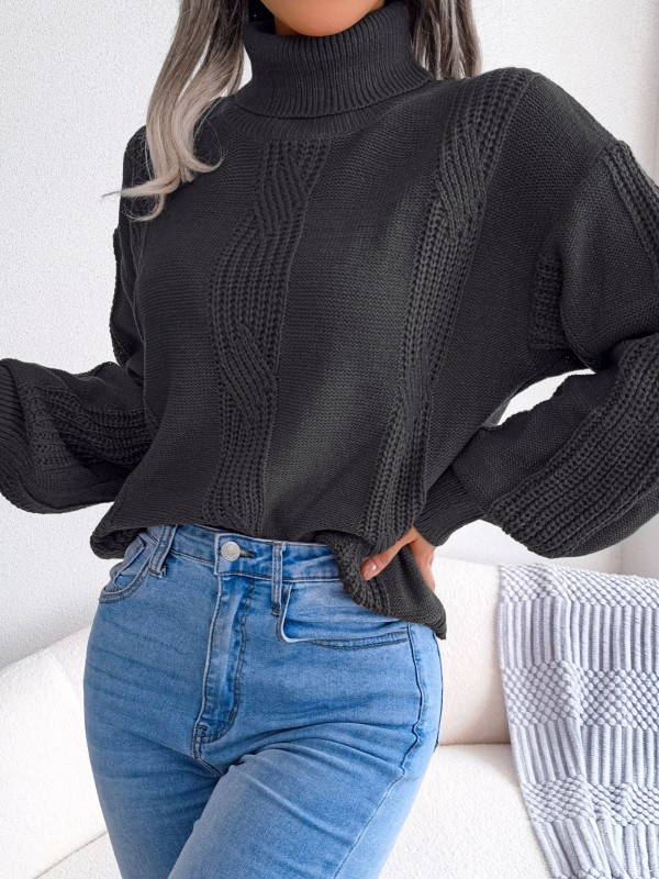 Solid Turtle Neck Sweater, Lantern Long Sleeve Sweater, Casual Tops For Fall & Winter, Women's Clothing