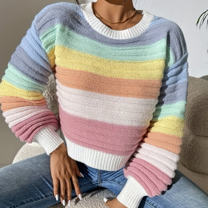 Colorful Stripe Knit Sweater, Casual Crew Neck Lantern Sleeve Sweater, Women's Clothing