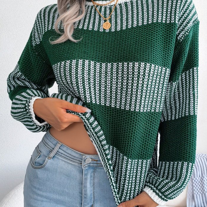 Women's Sweaters Lantern Sleeve Striped Crew Neck Color Block Pullovers