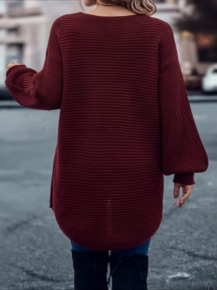 Plus Size Criss Cross V Neck Solid Sweater, Women's Plus Lantern Sleeve Casual Sweater