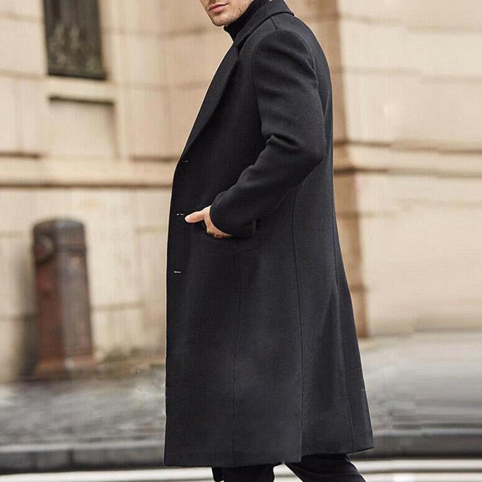 Men's Trench Coat Solid Color Long Sleeve Button Jacket  Thick Warm Wool Overcoat