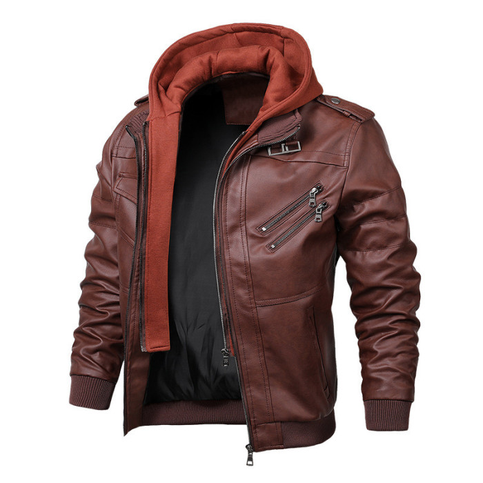 Men Casual Cowhide PU Leather Hooded Autumn Winter Coats Male Warm Vintage Overcoats