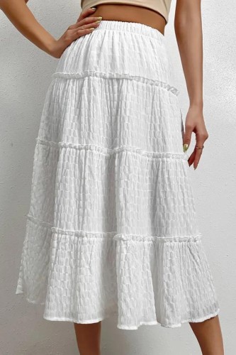 Solid High Waist Elastic Tiered Skirts, Elegant Ruffled Hem Layered Maxi Skirts For Spring & Summer , Women's Clothing