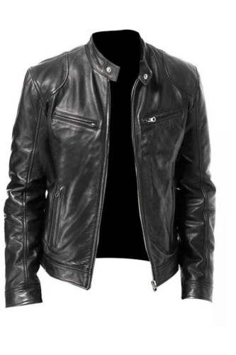 Fashion Mens Leather Jacket Slim Fit Stand Collar PU Jacket  Lapel Diagonal Zipper Jackets