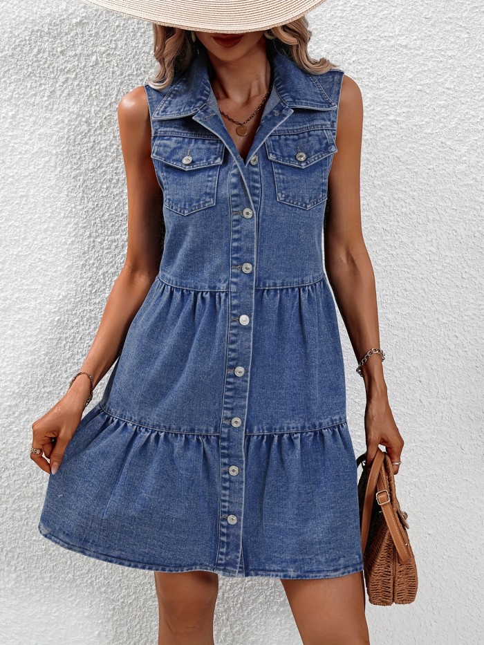 Blue Sleeveless Elegant Denim Dress, Flap Pockets Single-Breasted Button Lapel Denim Dress, Women's Denim Clothing