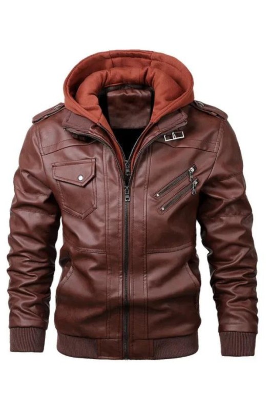 Men Casual Cowhide PU Leather Hooded Autumn Winter Coats Male Warm Vintage Overcoats