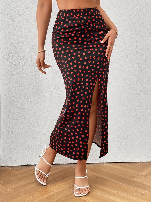 Ditsy Floral Print Slit Skirt, Casual High Waist Skirt For Spring & Summer, Women's Clothing