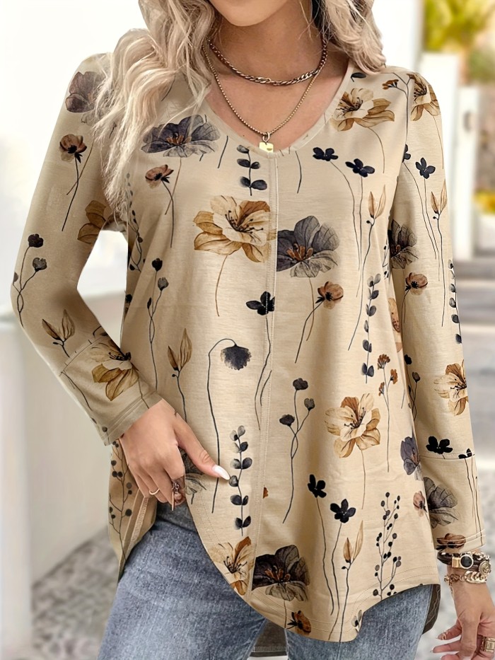 Floral Print V-neck T-Shirt, Casual Long Sleeve T-Shirt For Spring & Fall, Women's Clothing