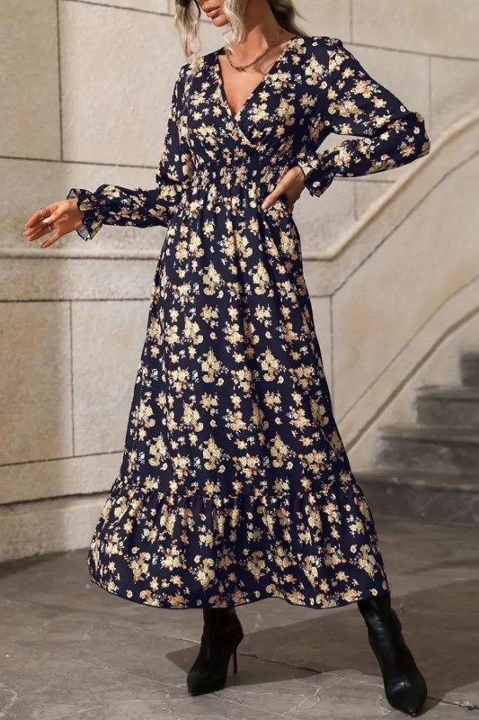 Floral Print Shirred Waist Dress, Elegant V Neck Long Sleeve Maxi Dress, Women's Clothing