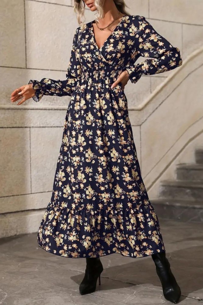Floral Print Shirred Waist Dress, Elegant V Neck Long Sleeve Maxi Dress, Women's Clothing