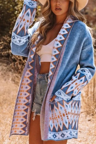 Women's Sweaters Blue Aztec Print Open Front Knitted Cardigan